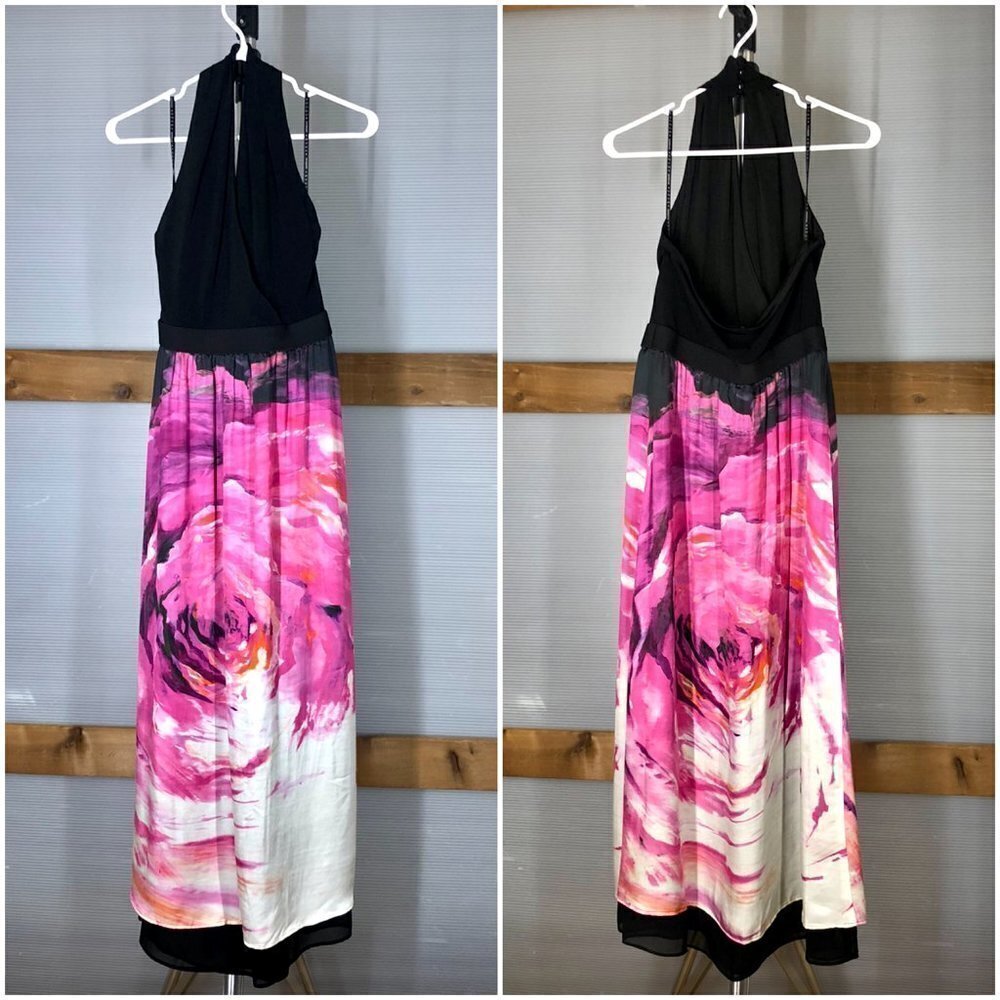 IRIS‎ SETLAKWE Silk Blend Halter Black Pink Abstract Floral Maxi Dress Sz 4